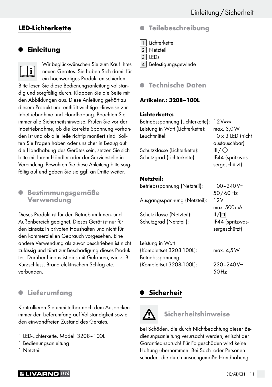 Einleitung / sicherheit, Led-lichterkette einleitung, Bestimmungsgemäße verwendung | Lieferumfang, Teilebeschreibung, Technische daten, Sicherheit sicherheitshinweise | Livarno 3208–100L User Manual | Page 11 / 19