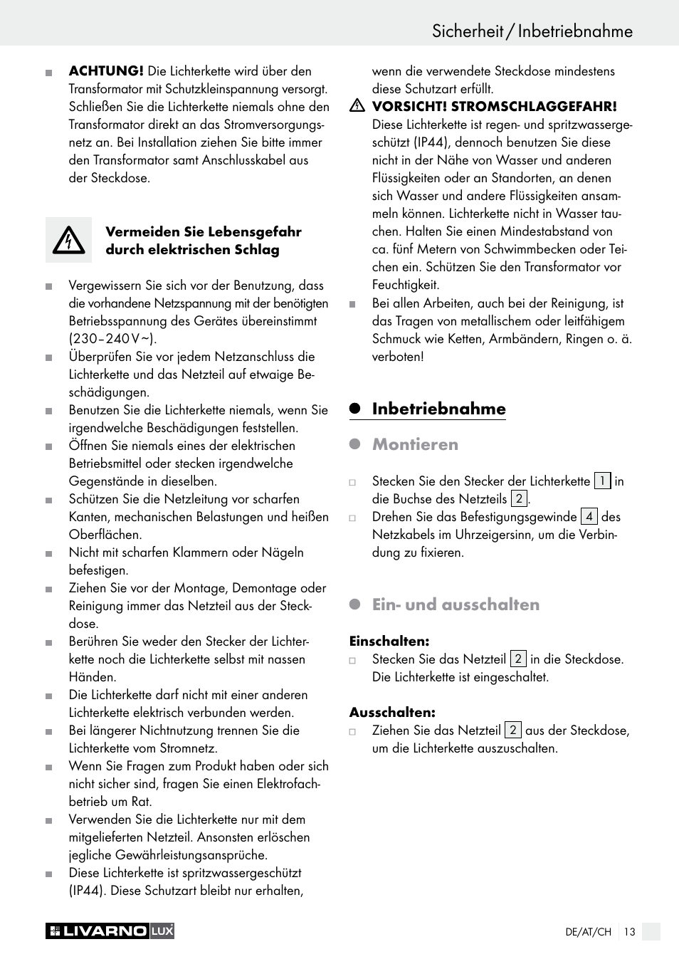 Sicherheit / inbetriebnahme, Inbetriebnahme montieren, Ein- und ausschalten | Livarno 3208–100L User Manual | Page 13 / 19
