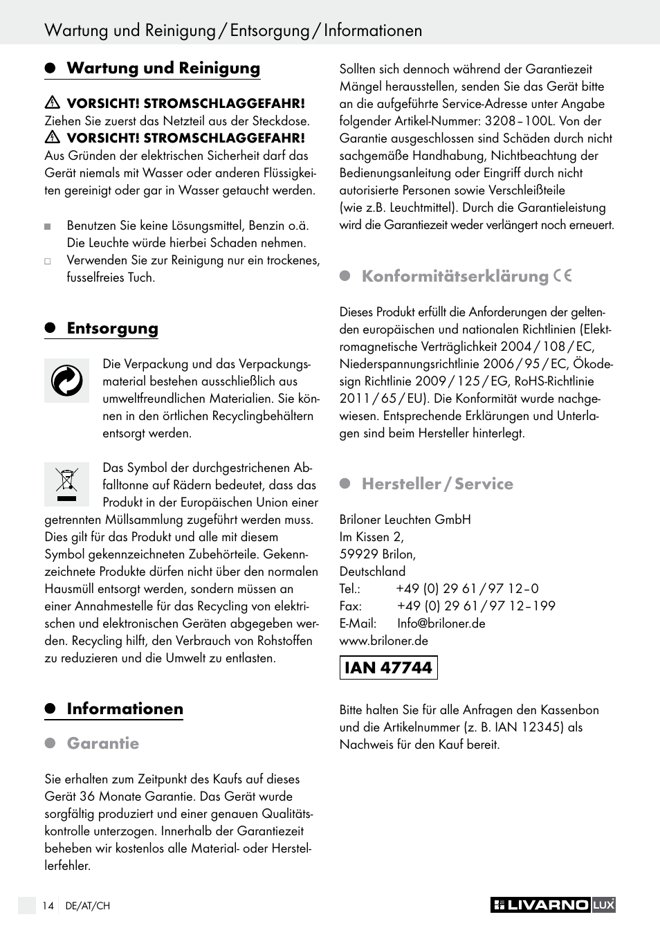 Wartung und reinigung / entsorgung / informationen, Wartung und reinigung, Entsorgung | Informationen garantie, Konformitätserklärung, Hersteller / service | Livarno 3208–100L User Manual | Page 14 / 19