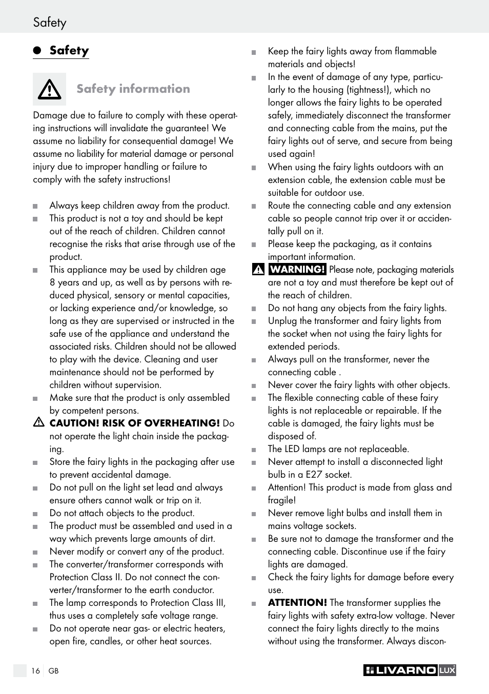 Safety, Safety safety information | Livarno 3208–100L User Manual | Page 16 / 19