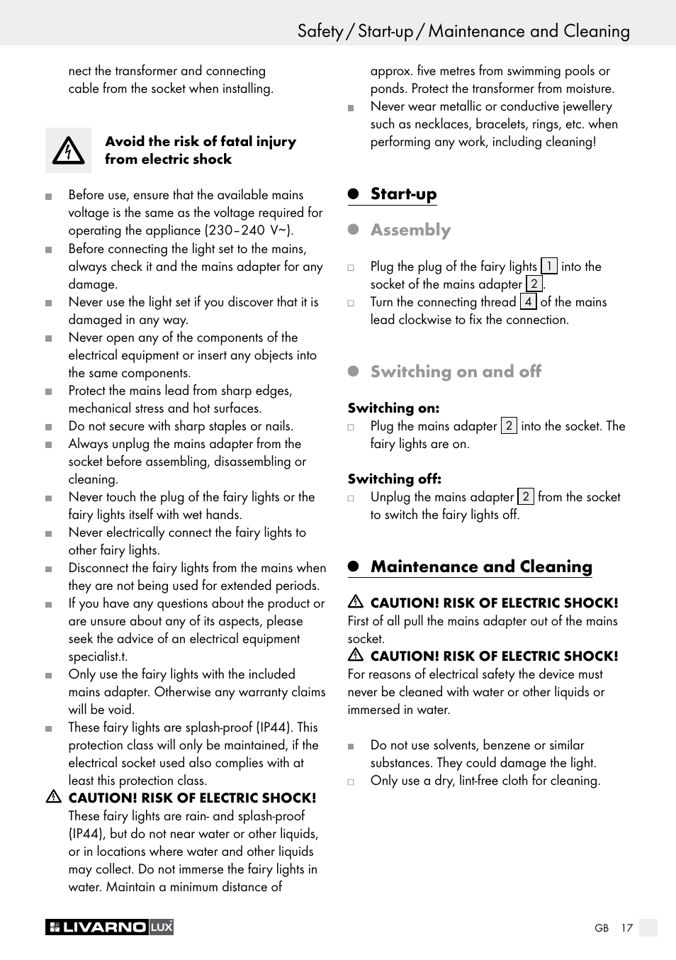 Safety / start-up / maintenance and cleaning, Start-up assembly, Switching on and off | Maintenance and cleaning | Livarno 3208–100L User Manual | Page 17 / 19