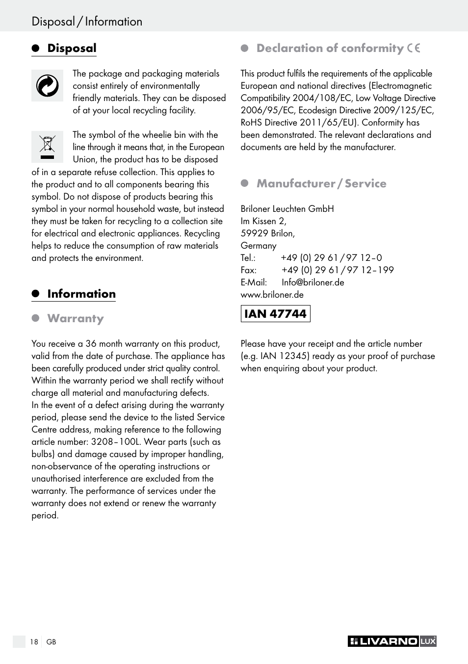 Disposal / information | Livarno 3208–100L User Manual | Page 18 / 19