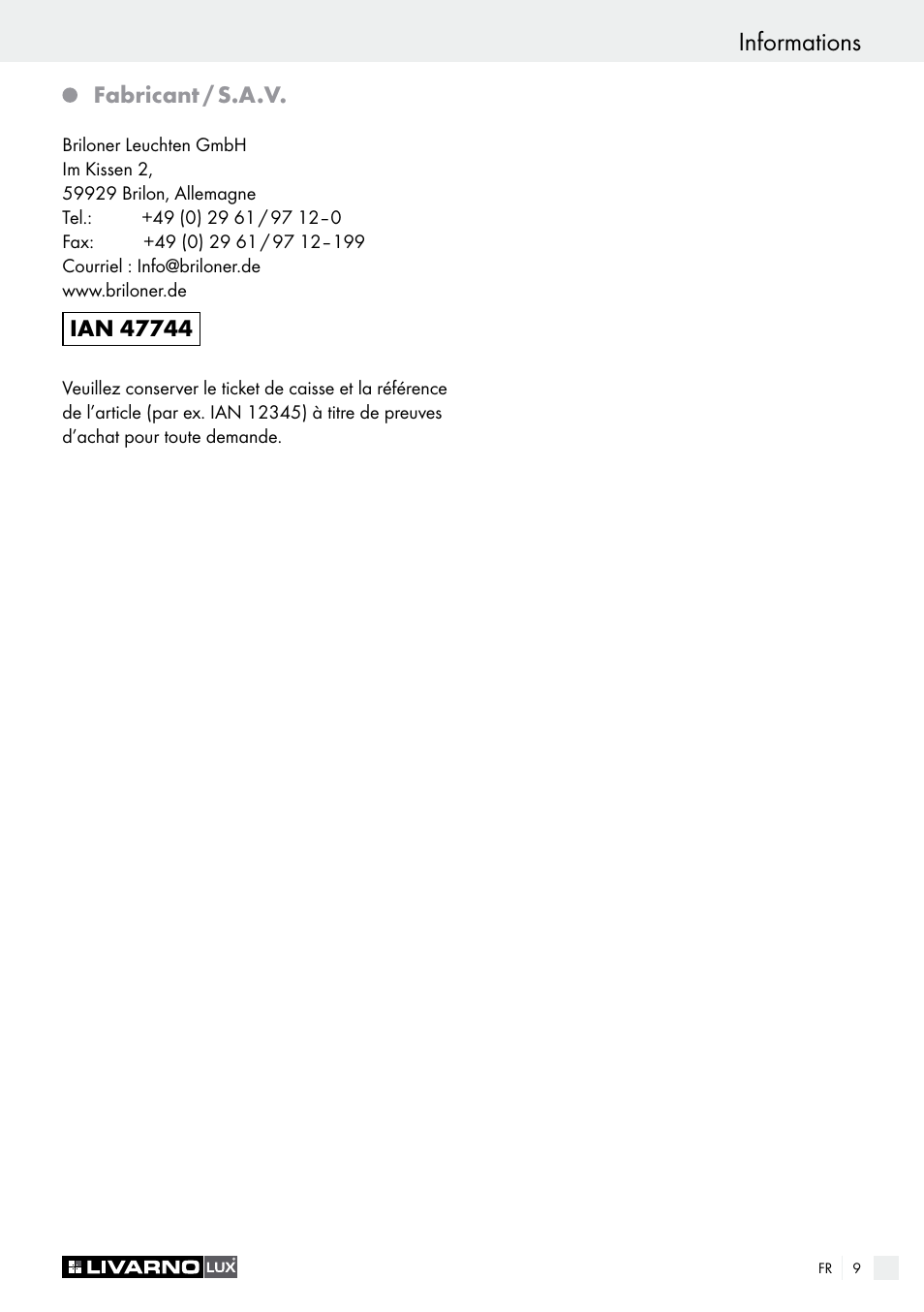 Informations, Fabricant / s.a.v | Livarno 3208–100L User Manual | Page 9 / 19