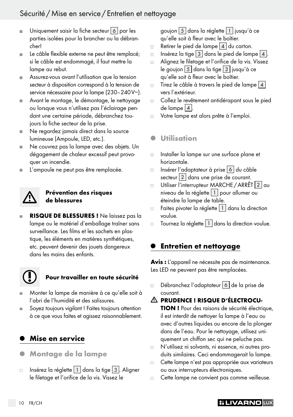 Mise en service montage de la lampe, Utilisation, Entretien et nettoyage | Livarno LED Desk Lamp User Manual | Page 10 / 25