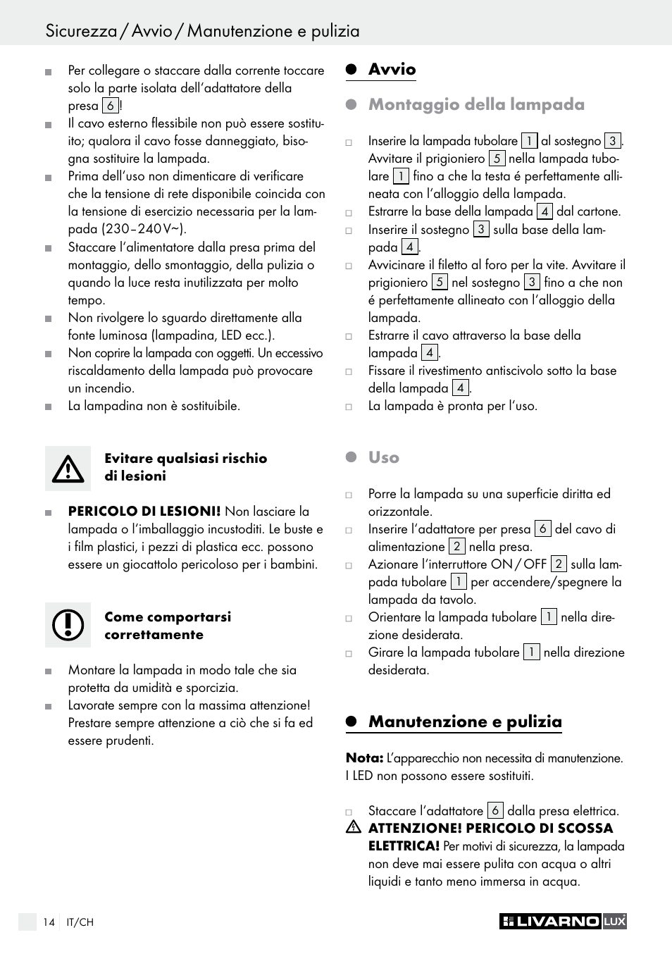 Avvio montaggio della lampada, Manutenzione e pulizia | Livarno LED Desk Lamp User Manual | Page 14 / 25