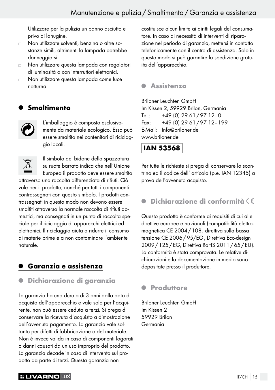 Smaltimento, Garanzia e assistenza dichiarazione di garanzia, Assistenza | Dichiarazione di conformità, Produttore | Livarno LED Desk Lamp User Manual | Page 15 / 25