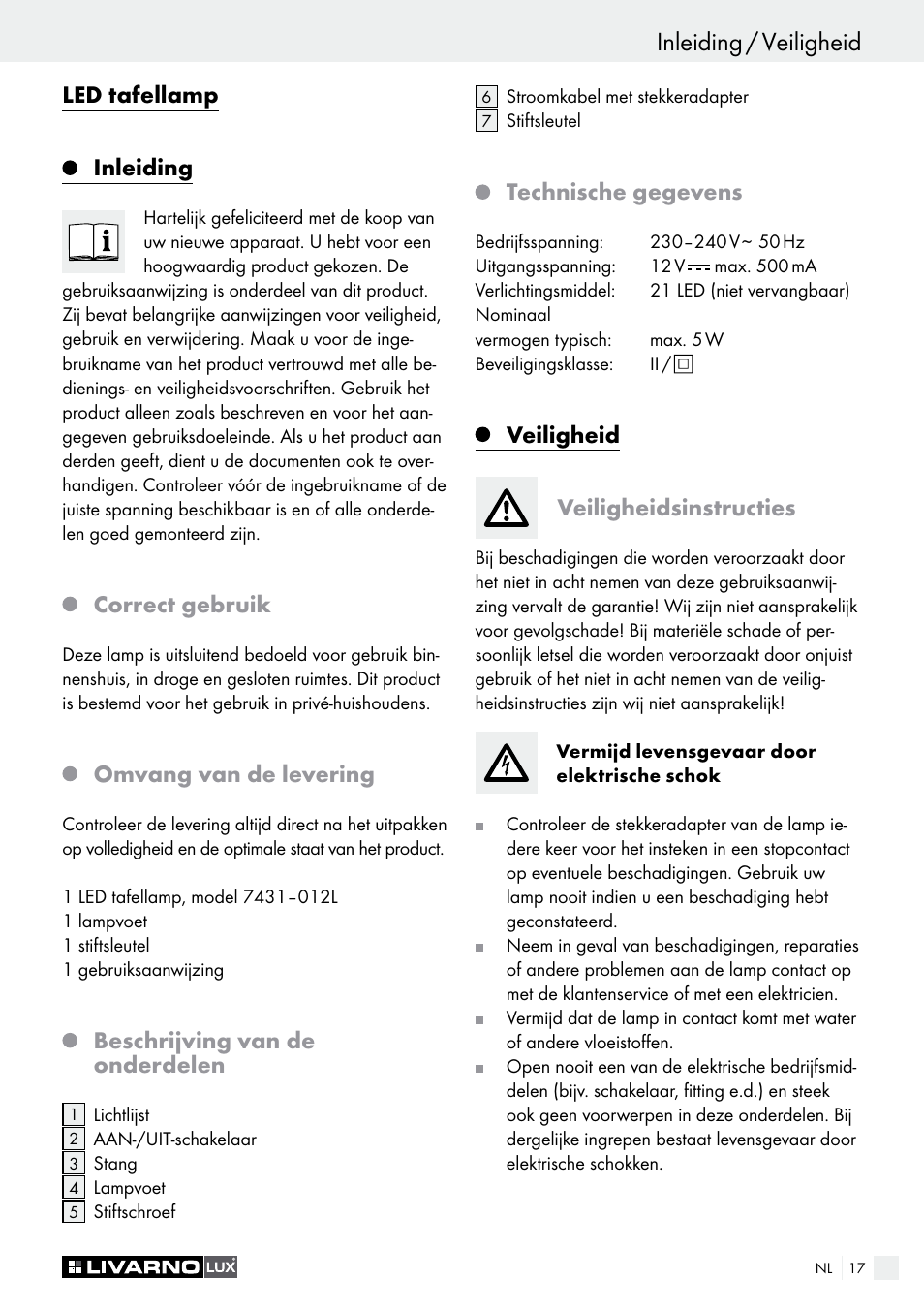 Inleiding / veiligheid, Led tafellamp inleiding, Correct gebruik | Omvang van de levering, Beschrijving van de onderdelen, Technische gegevens, Veiligheid veiligheidsinstructies | Livarno LED Desk Lamp User Manual | Page 17 / 25
