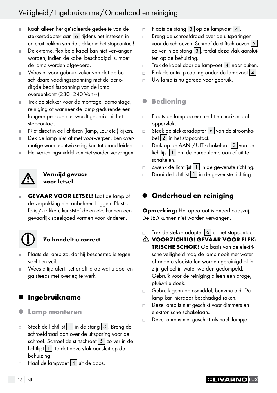 Ingebruikname lamp monteren, Bediening, Onderhoud en reiniging | Livarno LED Desk Lamp User Manual | Page 18 / 25