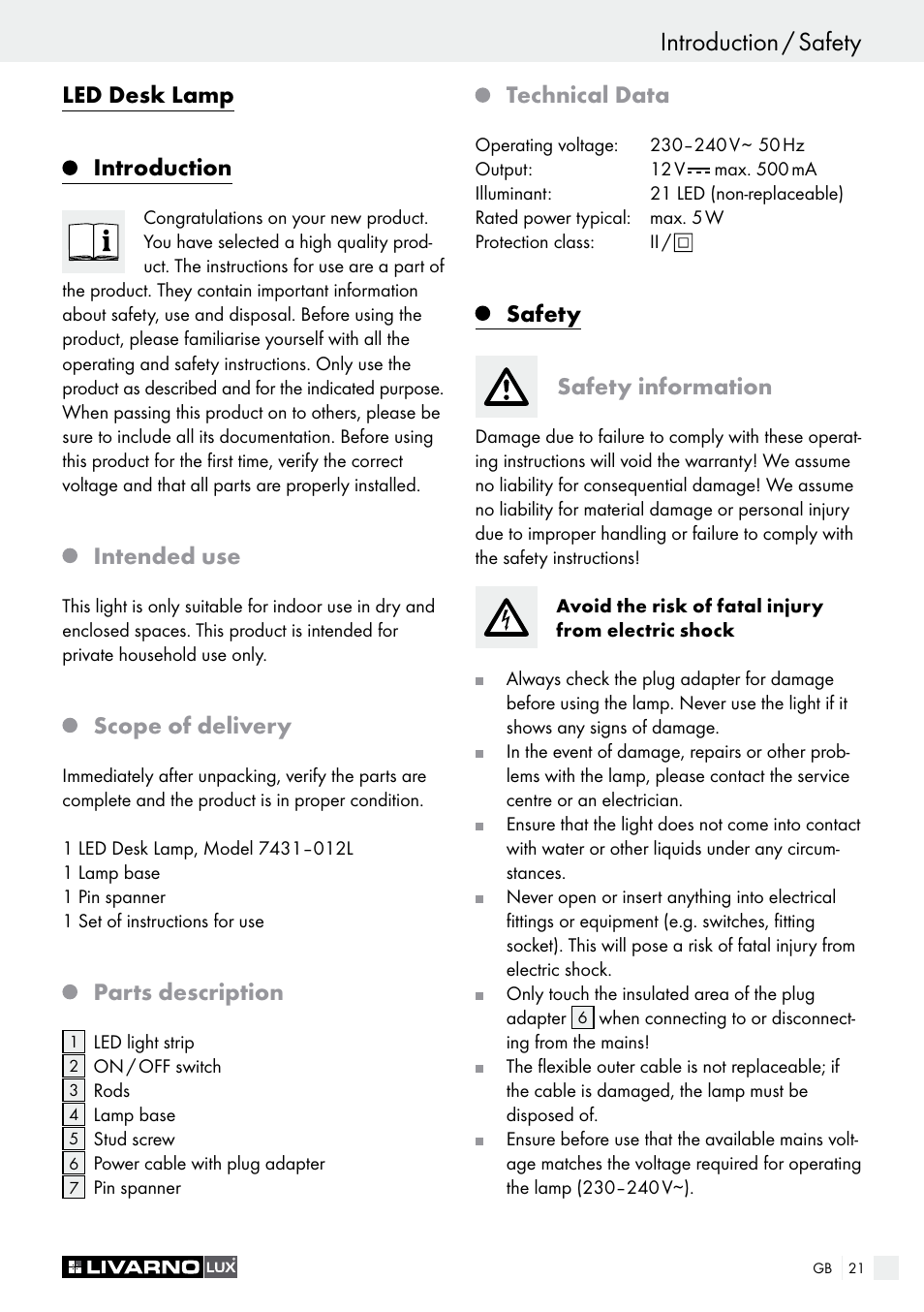 Introduction / safety, Led desk lamp introduction, Intended use | Scope of delivery, Parts description, Technical data, Safety safety information | Livarno LED Desk Lamp User Manual | Page 21 / 25