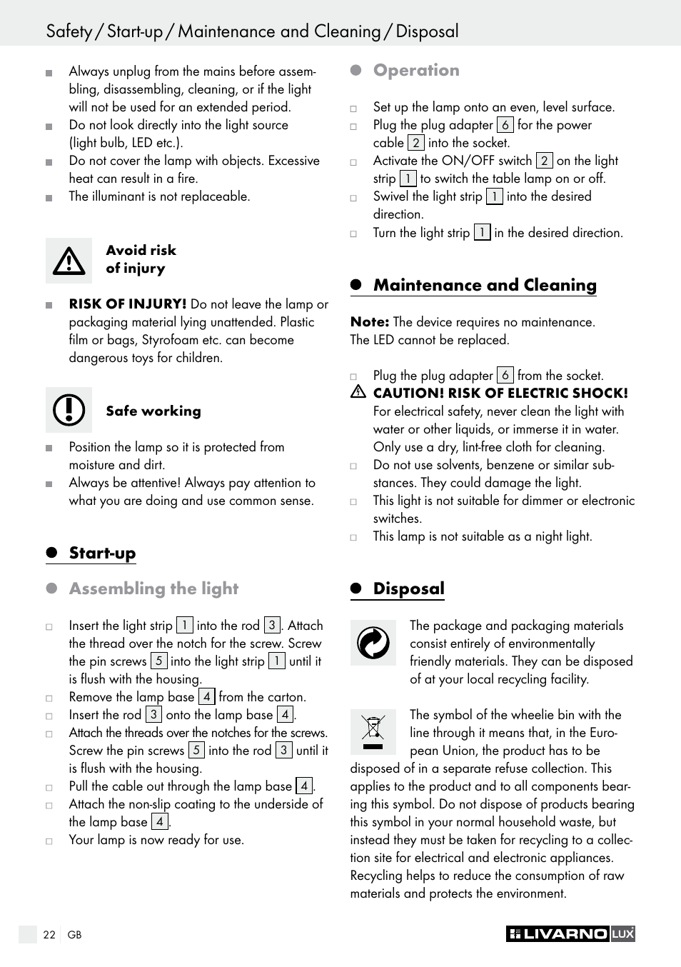 Start-up assembling the light, Operation, Maintenance and cleaning | Disposal | Livarno LED Desk Lamp User Manual | Page 22 / 25