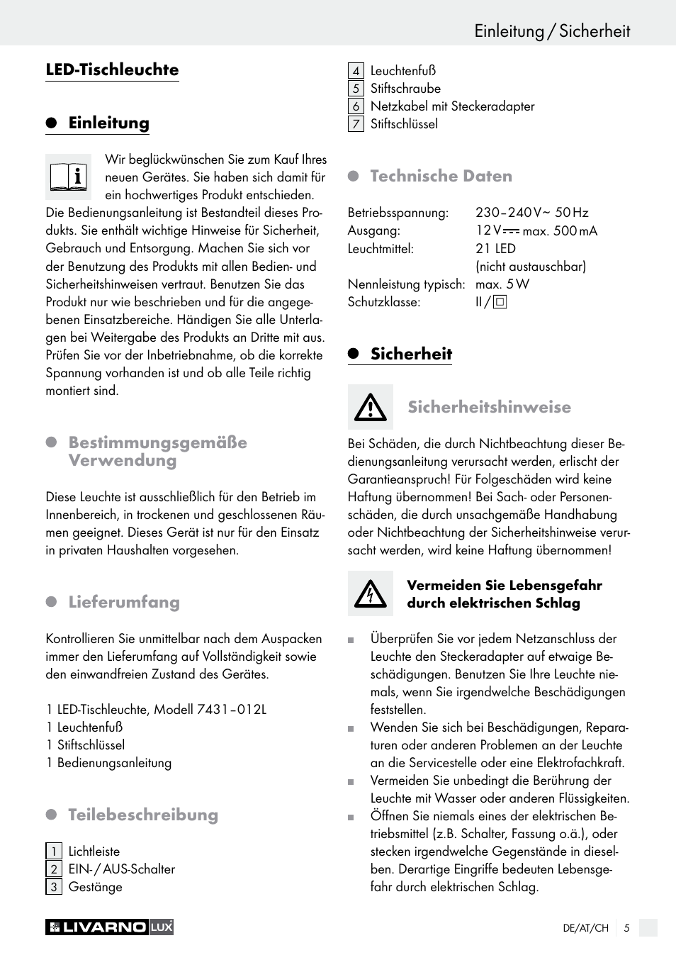 Einleitung / sicherheit, Led-tischleuchte einleitung, Bestimmungsgemäße verwendung | Lieferumfang, Teilebeschreibung, Technische daten, Sicherheit sicherheitshinweise | Livarno LED Desk Lamp User Manual | Page 5 / 25