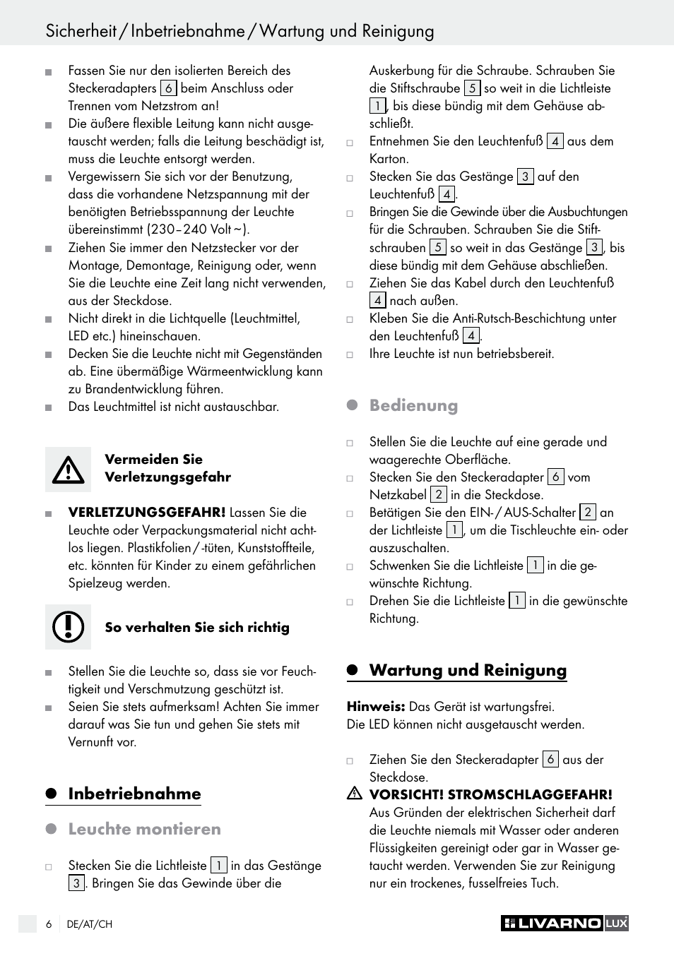 Inbetriebnahme leuchte montieren, Bedienung, Wartung und reinigung | Livarno LED Desk Lamp User Manual | Page 6 / 25