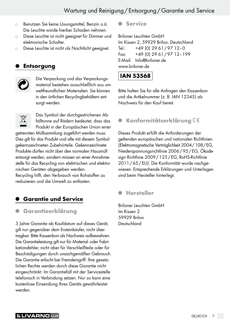 Entsorgung, Garantie und service garantieerklärung, Service | Konformitätserklärung, Hersteller | Livarno LED Desk Lamp User Manual | Page 7 / 25