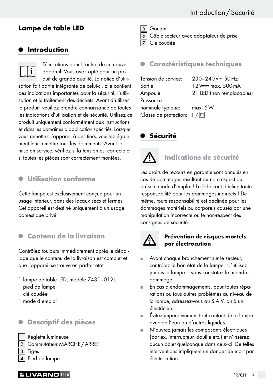 Introduction / sécurité, Lampe de table led introduction, Utilisation conforme | Contenu de la livraison, Descriptif des pièces, Caractéristiques techniques, Sécurité indications de sécurité | Livarno LED Desk Lamp User Manual | Page 9 / 25