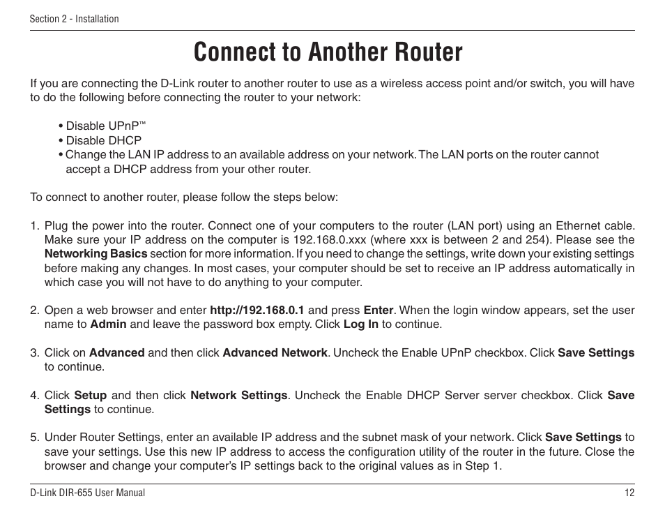 Connect to another router | D-Link DIR-655 User Manual | Page 12 / 96