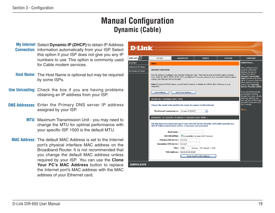 Manual configuration, Dynamic (cable) | D-Link DIR-655 User Manual | Page 19 / 96