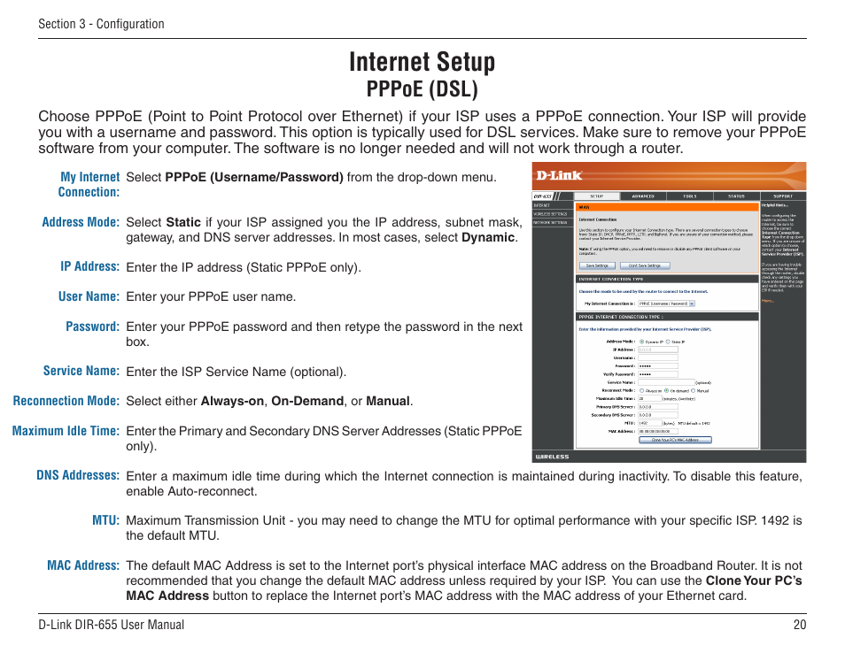 Internet setup, Pppoe (dsl) | D-Link DIR-655 User Manual | Page 20 / 96