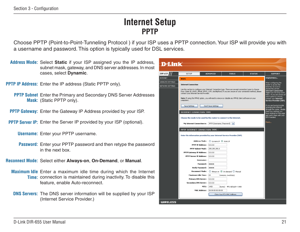 Internet setup, Pptp | D-Link DIR-655 User Manual | Page 21 / 96