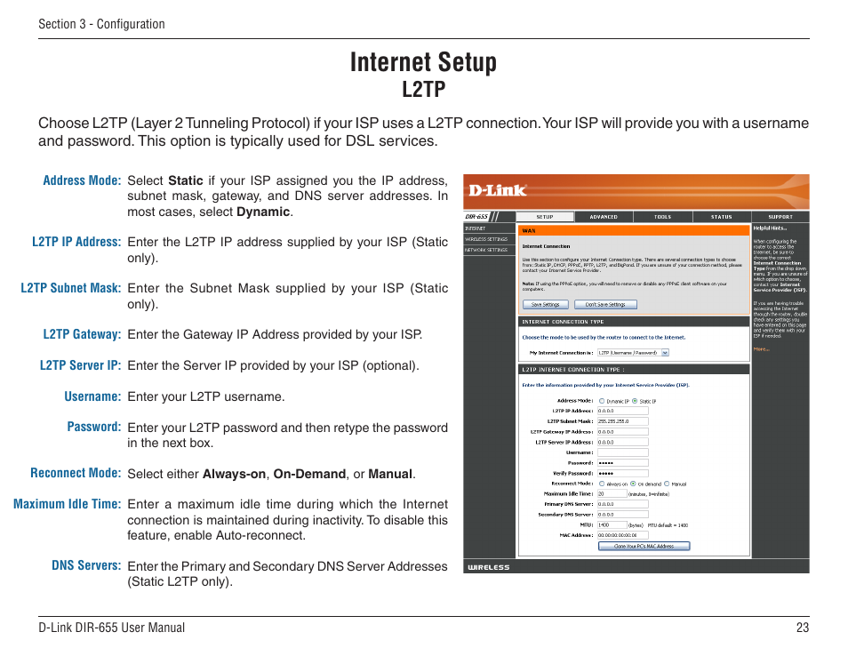 Internet setup, L2tp | D-Link DIR-655 User Manual | Page 23 / 96