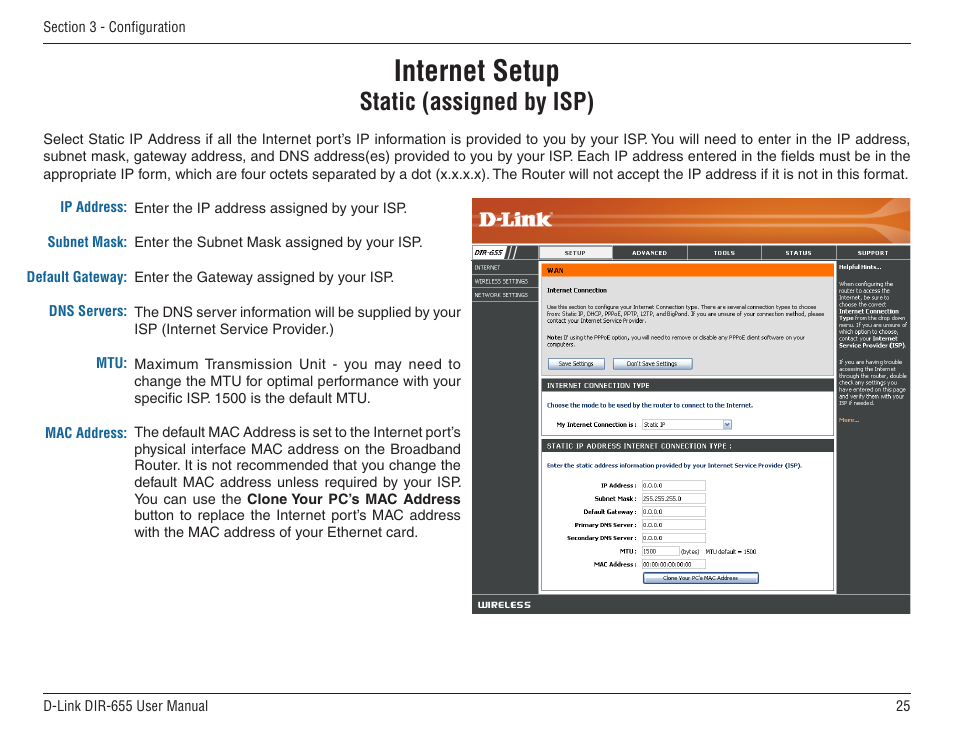 Internet setup, Static (assigned by isp) | D-Link DIR-655 User Manual | Page 25 / 96