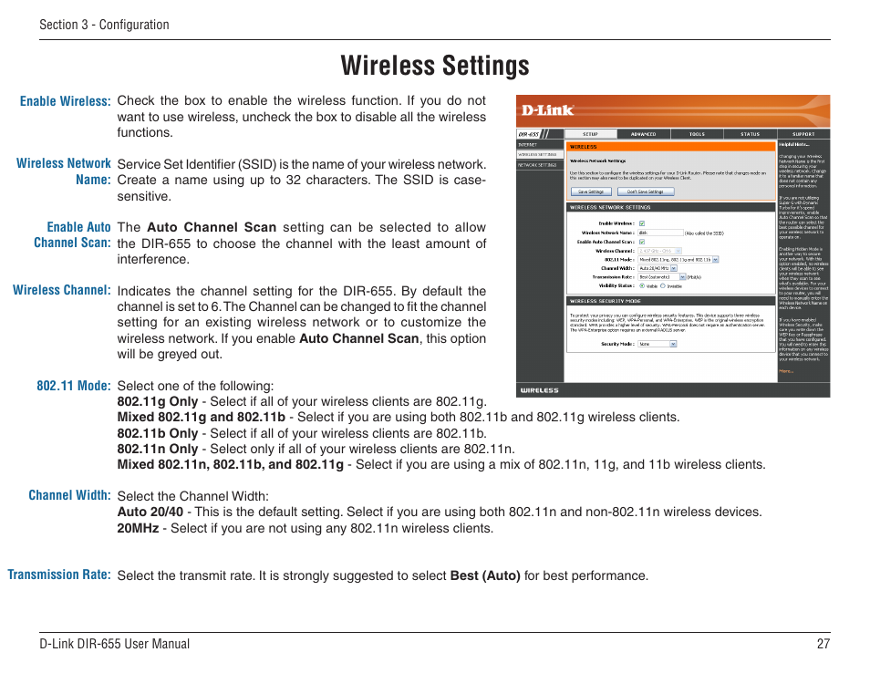 Wireless settings | D-Link DIR-655 User Manual | Page 27 / 96