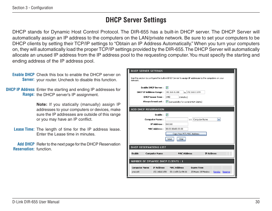 Dhcp server settings | D-Link DIR-655 User Manual | Page 30 / 96