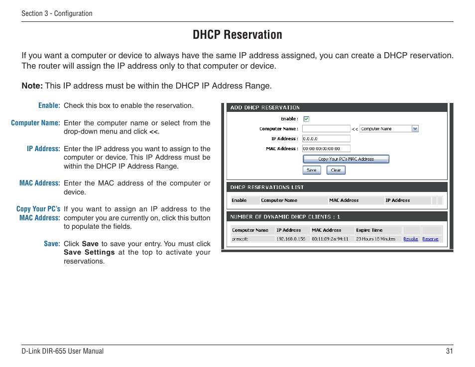 Dhcp reservation | D-Link DIR-655 User Manual | Page 31 / 96