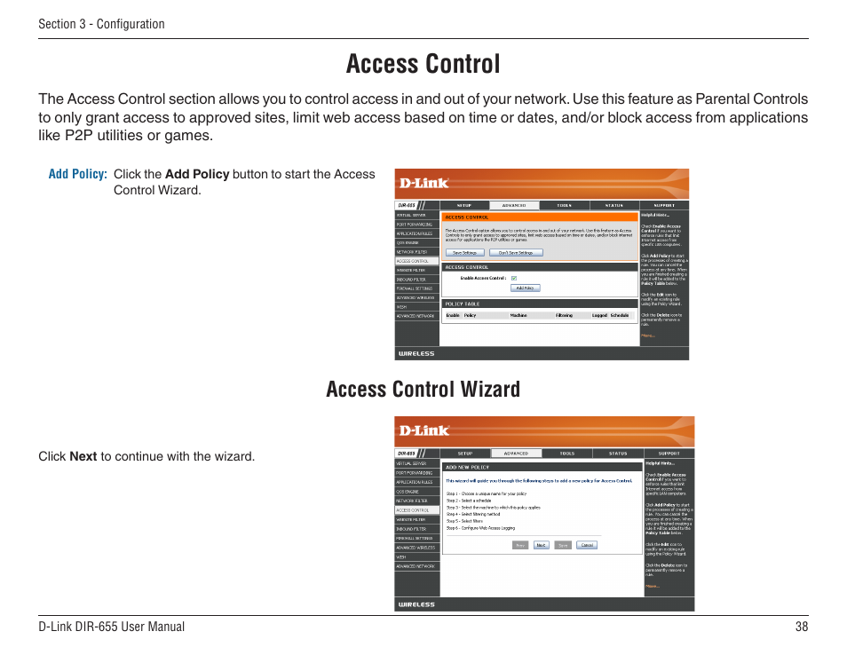 Access control, Access control wizard | D-Link DIR-655 User Manual | Page 38 / 96