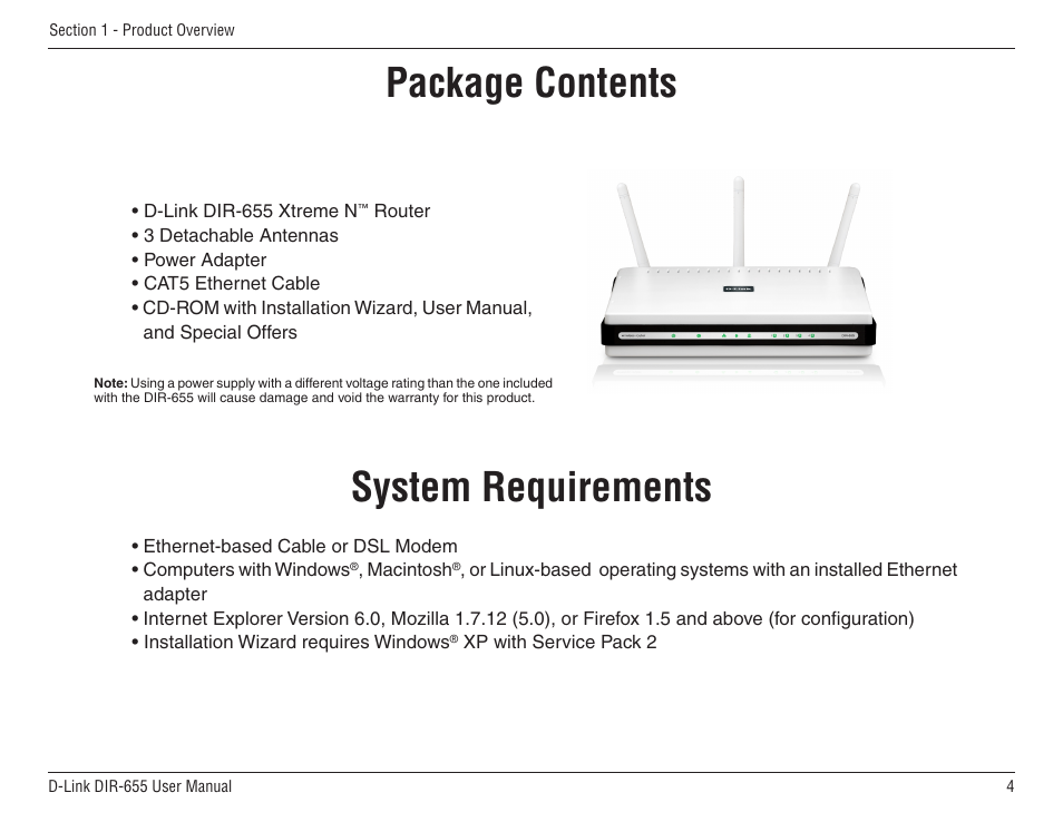 Product overview, System requirements, Package contents | D-Link DIR-655 User Manual | Page 4 / 96