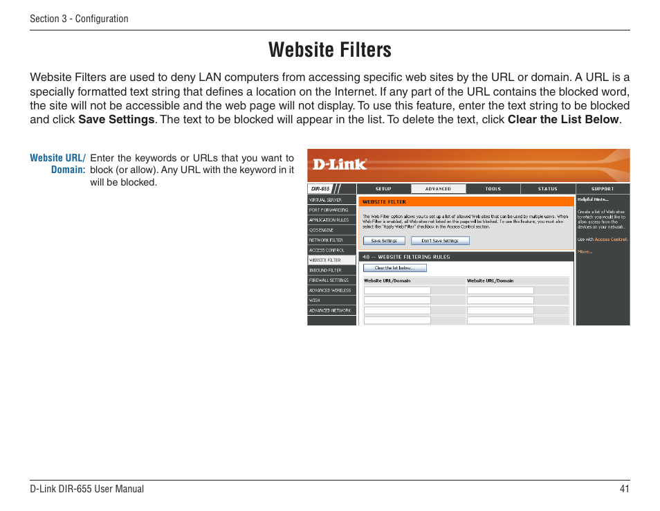 Website filters | D-Link DIR-655 User Manual | Page 41 / 96