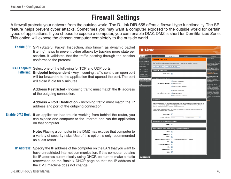 Firewall settings | D-Link DIR-655 User Manual | Page 43 / 96