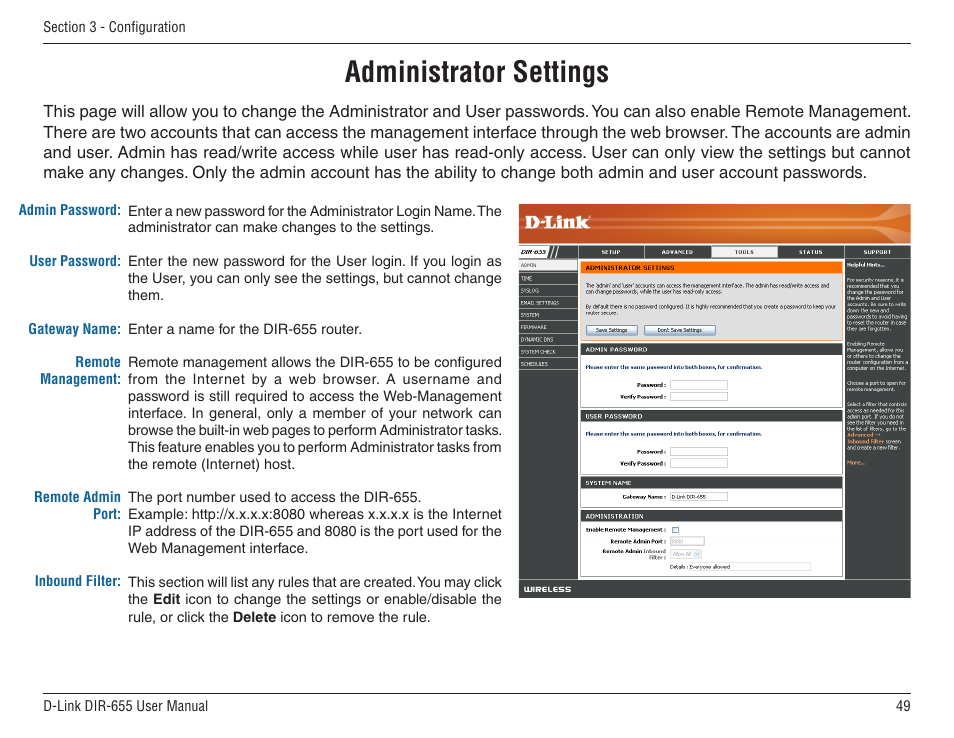 Administrator settings | D-Link DIR-655 User Manual | Page 49 / 96