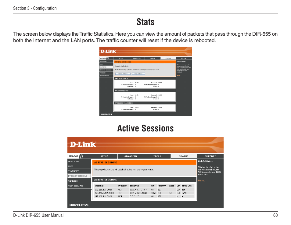 Stats, Active sessions | D-Link DIR-655 User Manual | Page 60 / 96