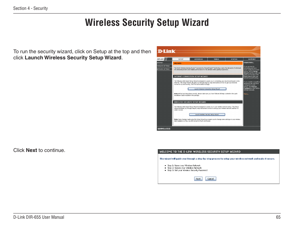 Wireless security setup wizard | D-Link DIR-655 User Manual | Page 65 / 96