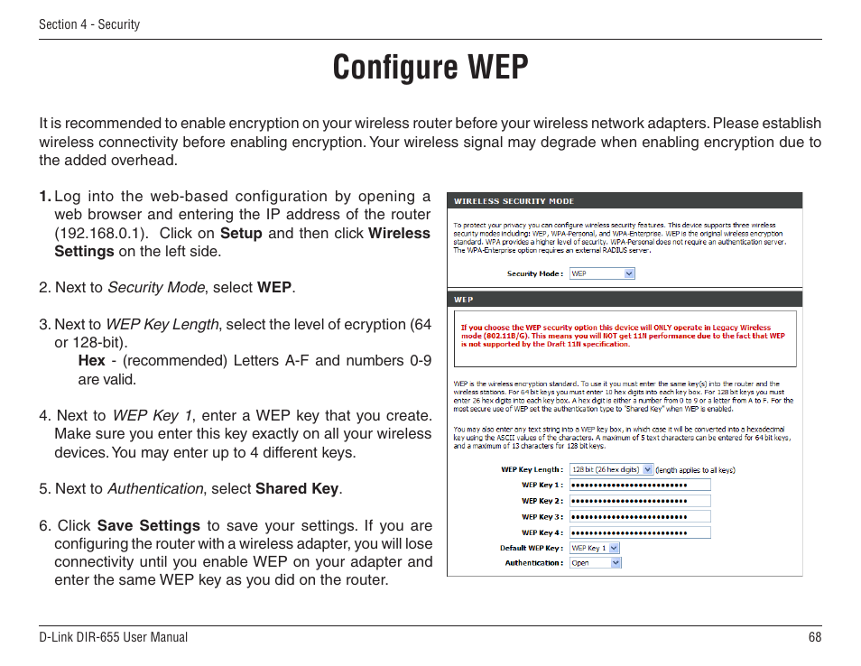 Configure wep | D-Link DIR-655 User Manual | Page 68 / 96