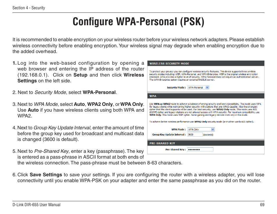 Configure wpa-personal (psk) | D-Link DIR-655 User Manual | Page 69 / 96