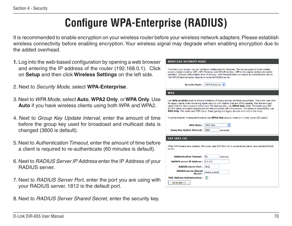 Configure wpa-enterprise (radius) | D-Link DIR-655 User Manual | Page 70 / 96