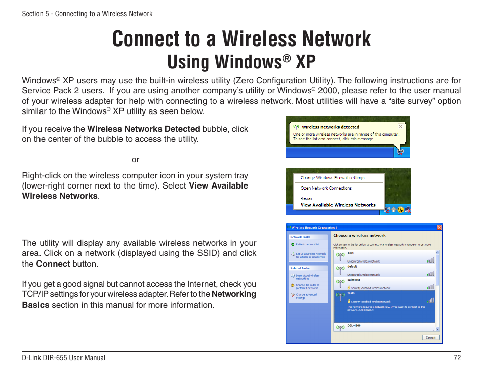 Connect to a wireless network, Using windows | D-Link DIR-655 User Manual | Page 72 / 96