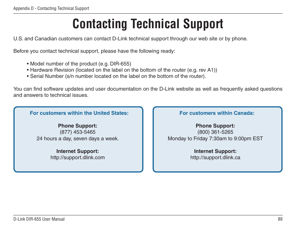 Contacting technical support | D-Link DIR-655 User Manual | Page 89 / 96