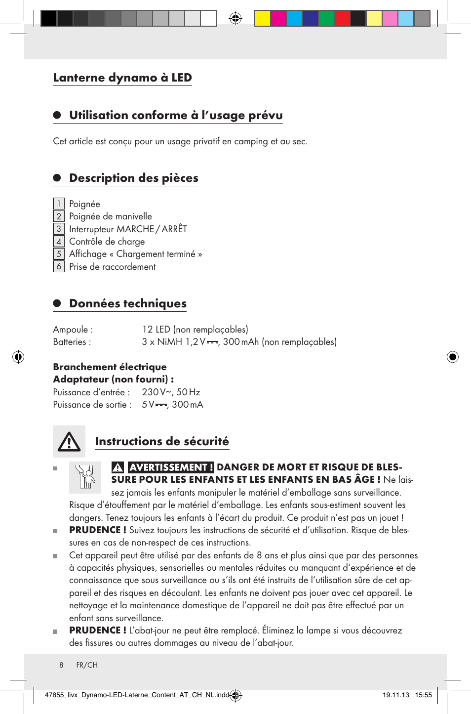 Lanterne dynamo à led, Utilisation conforme à l’usage prévu, Description des pièces | Données techniques, Instructions de sécurité | Livarno Z31095 User Manual | Page 8 / 20