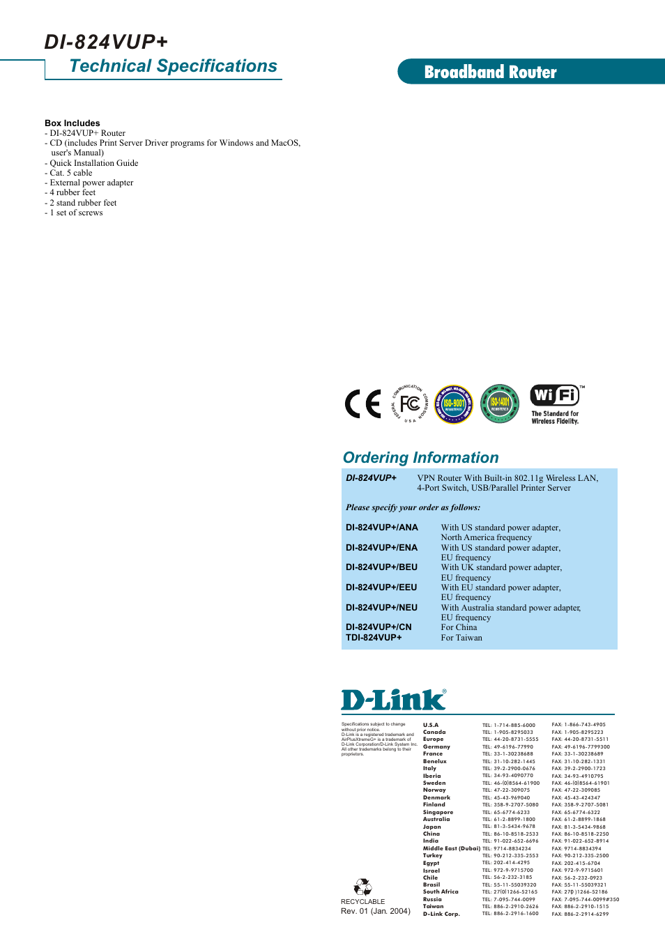 Di-824vup, Technical specifications, Broadband router | Ordering information | D-Link DI-824VUP+ User Manual | Page 3 / 3
