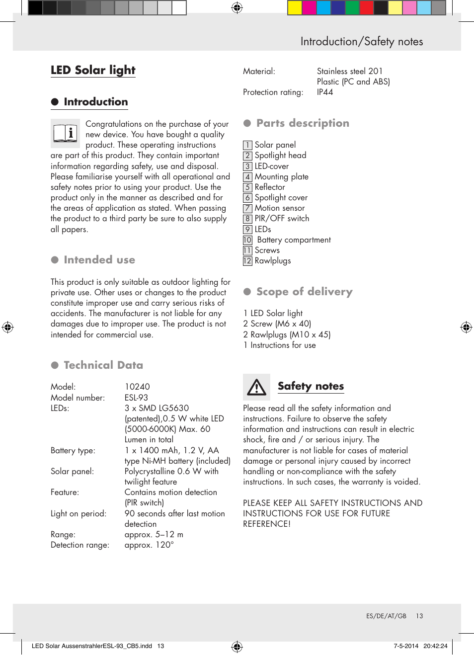 Introduction, Intended use, Technical data | Parts description, Scope of delivery | Livarno 10240 User Manual | Page 12 / 17