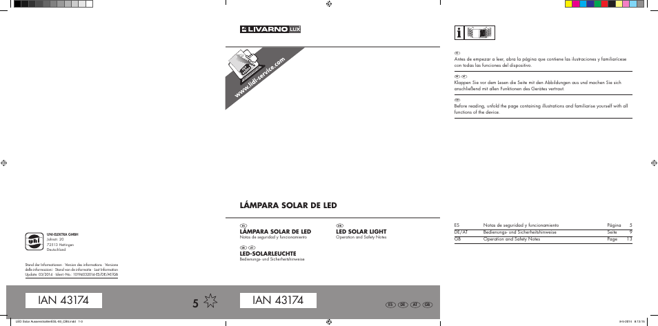 Cover esl-93 cb5-2, Lámpara solar de led, Led-solarleuchte | Led solar light | Livarno 10240 User Manual | Page 2 / 17