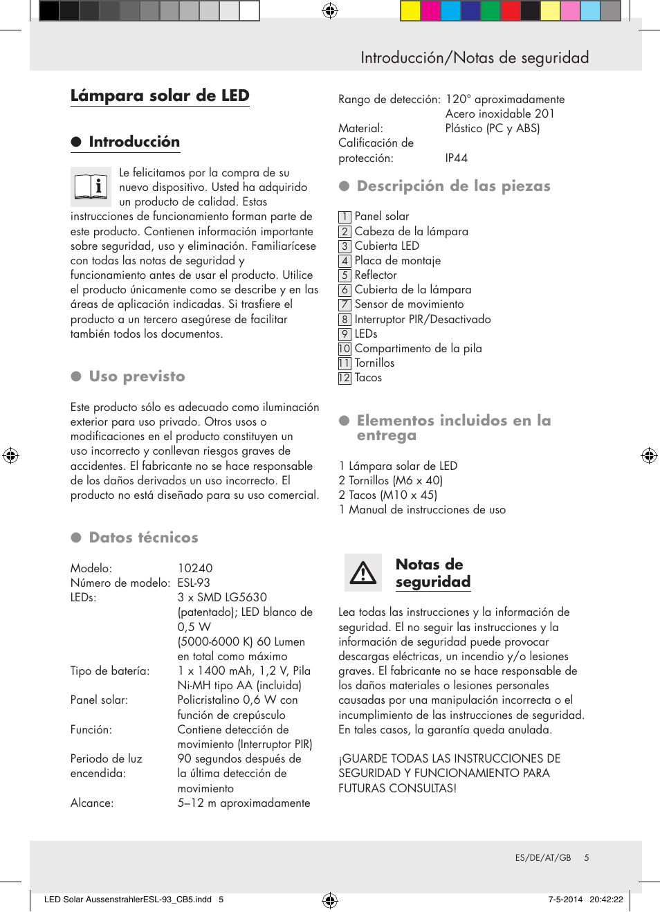 Content esl-93 cb5, Introducción, Uso previsto | Datos técnicos, Descripción de las piezas, Elementos incluidos en la entrega, Notas de seguridad | Livarno 10240 User Manual | Page 4 / 17