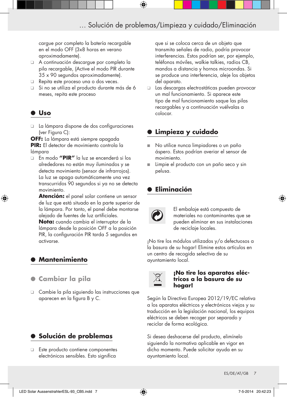Mantenimiento ● cambiar la pila, Solución de problemas, Limpieza y cuidado | Eliminación | Livarno 10240 User Manual | Page 6 / 17