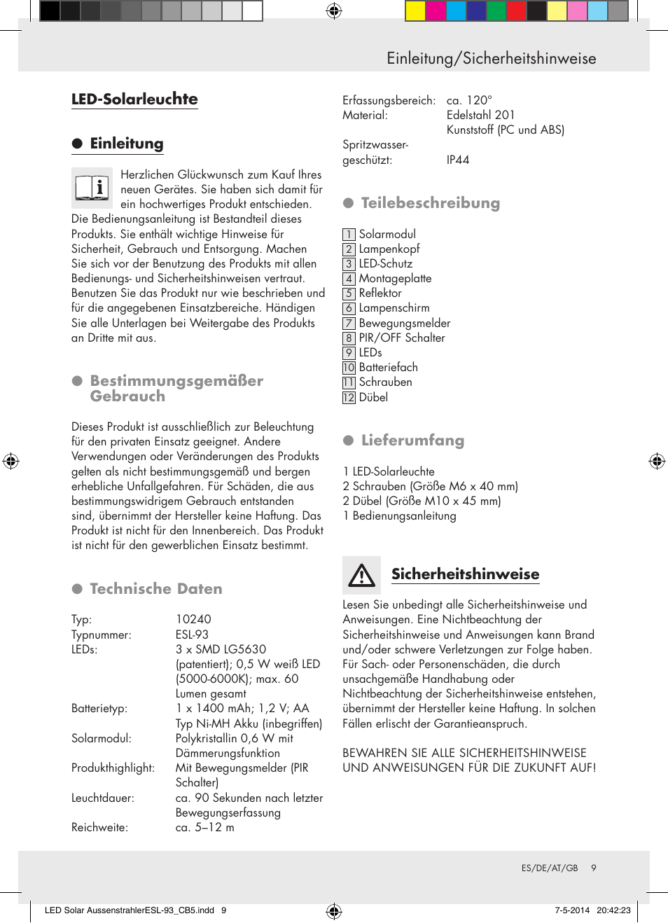 Einleitung/sicherheitshinweise, Led-solarleuc, Einleitung | Bestimmungsgemäßer gebrauch, Technische daten, Teilebeschreibung, Lieferumfang, Sicherheitshinweise | Livarno 10240 User Manual | Page 8 / 17