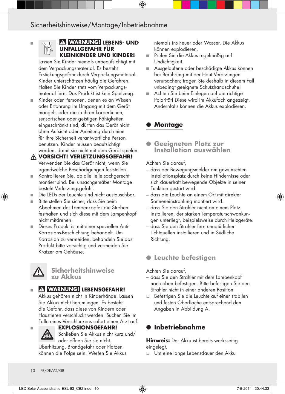 Sicherheitshinweise/montage/inbetriebnahme, Sicherheitshinweise zu akkus, Leuchte befestigen | Inbetriebnahme | Livarno 10240 User Manual | Page 9 / 17