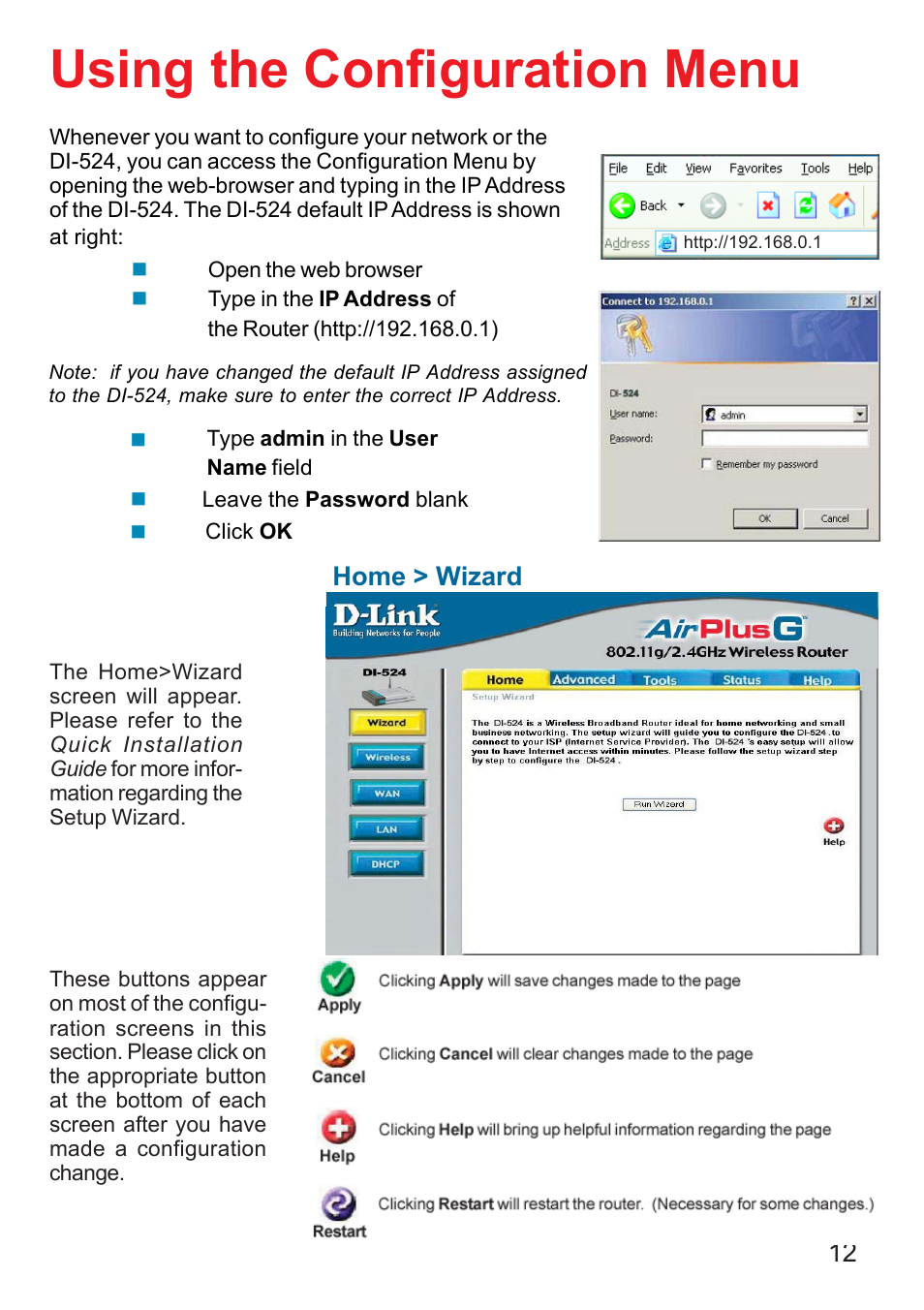 Using the configuration menu, Home > wizard | D-Link DI-524 User Manual | Page 12 / 95