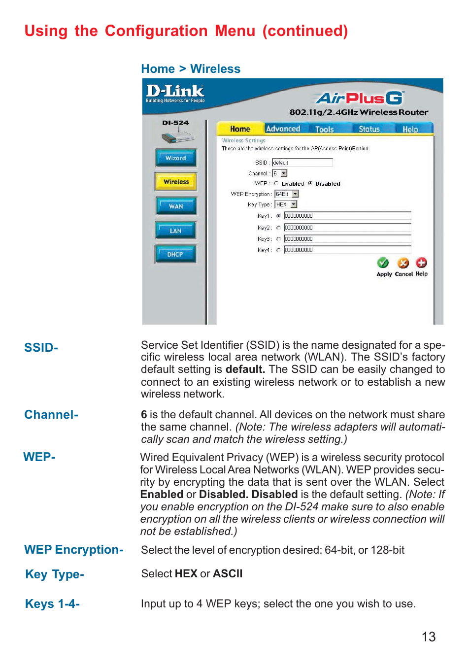 Using the configuration menu (continued) | D-Link DI-524 User Manual | Page 13 / 95