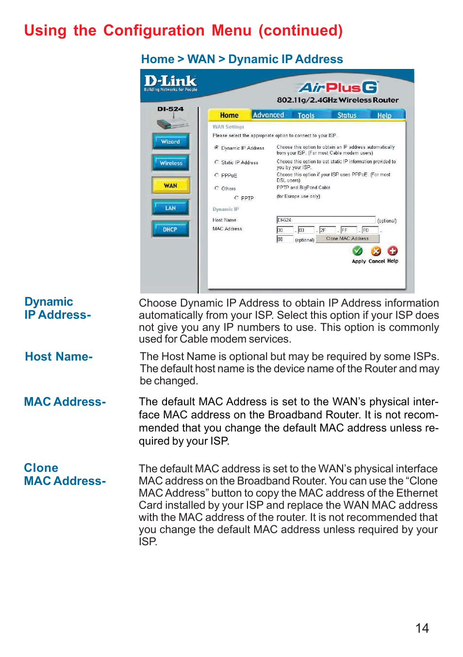 Using the configuration menu (continued) | D-Link DI-524 User Manual | Page 14 / 95